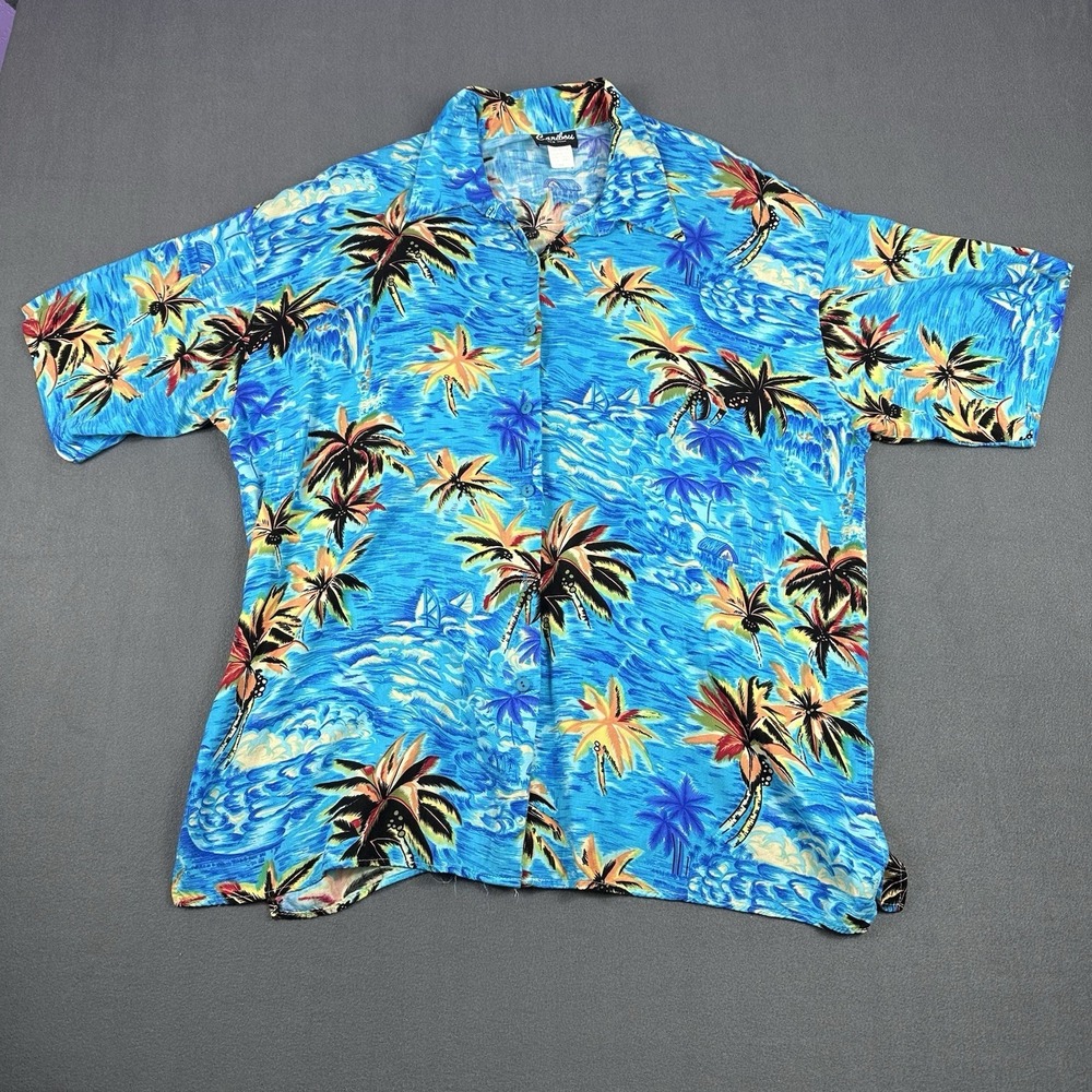 VTG Caribou Women's Hawaiian Button Down Shirt Trop Palm Trees Ocean Blu 2X Plus